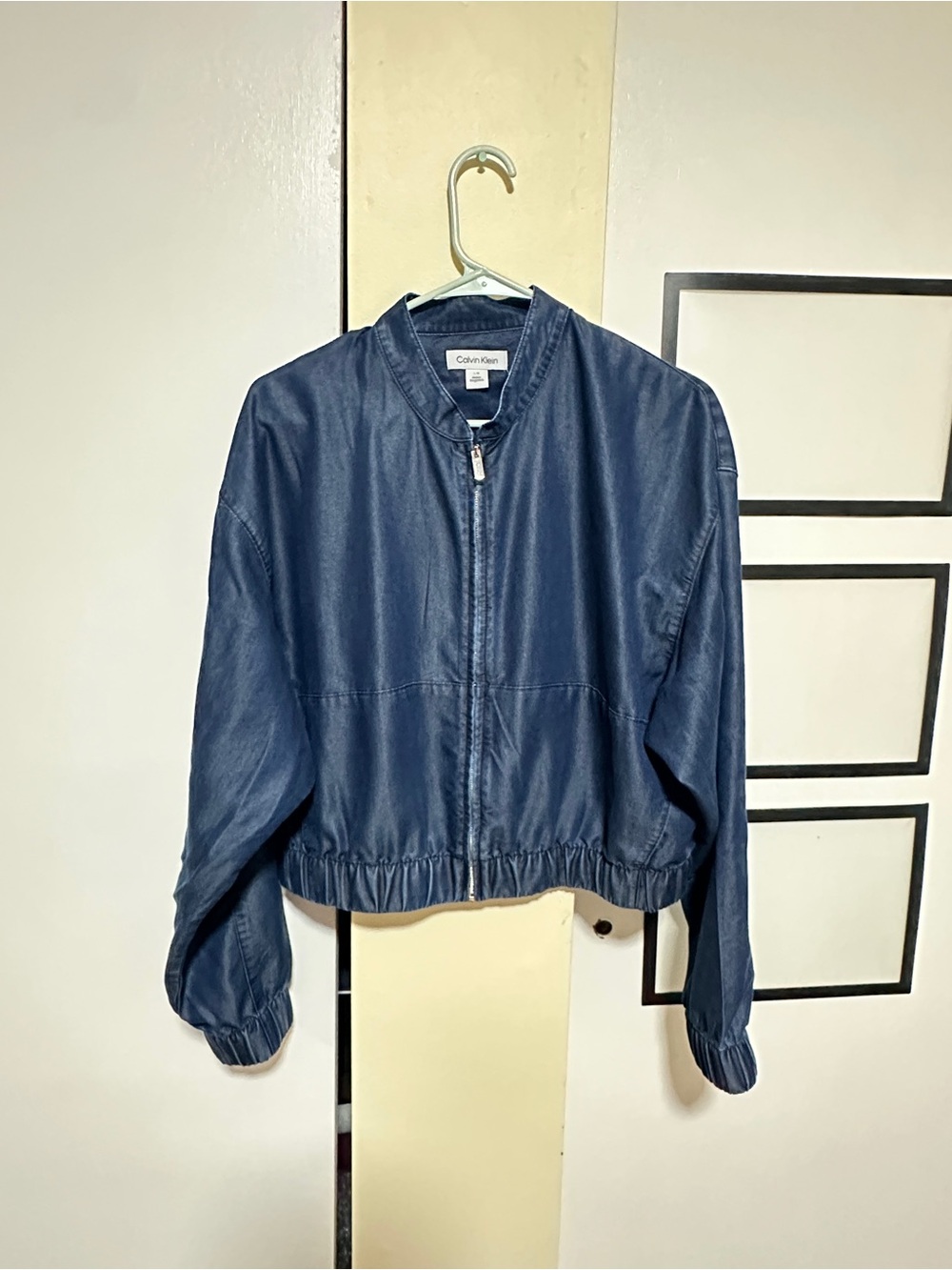 Calvin Klein Women's Navy Bomber Jacket Lightweight Denim Jacket